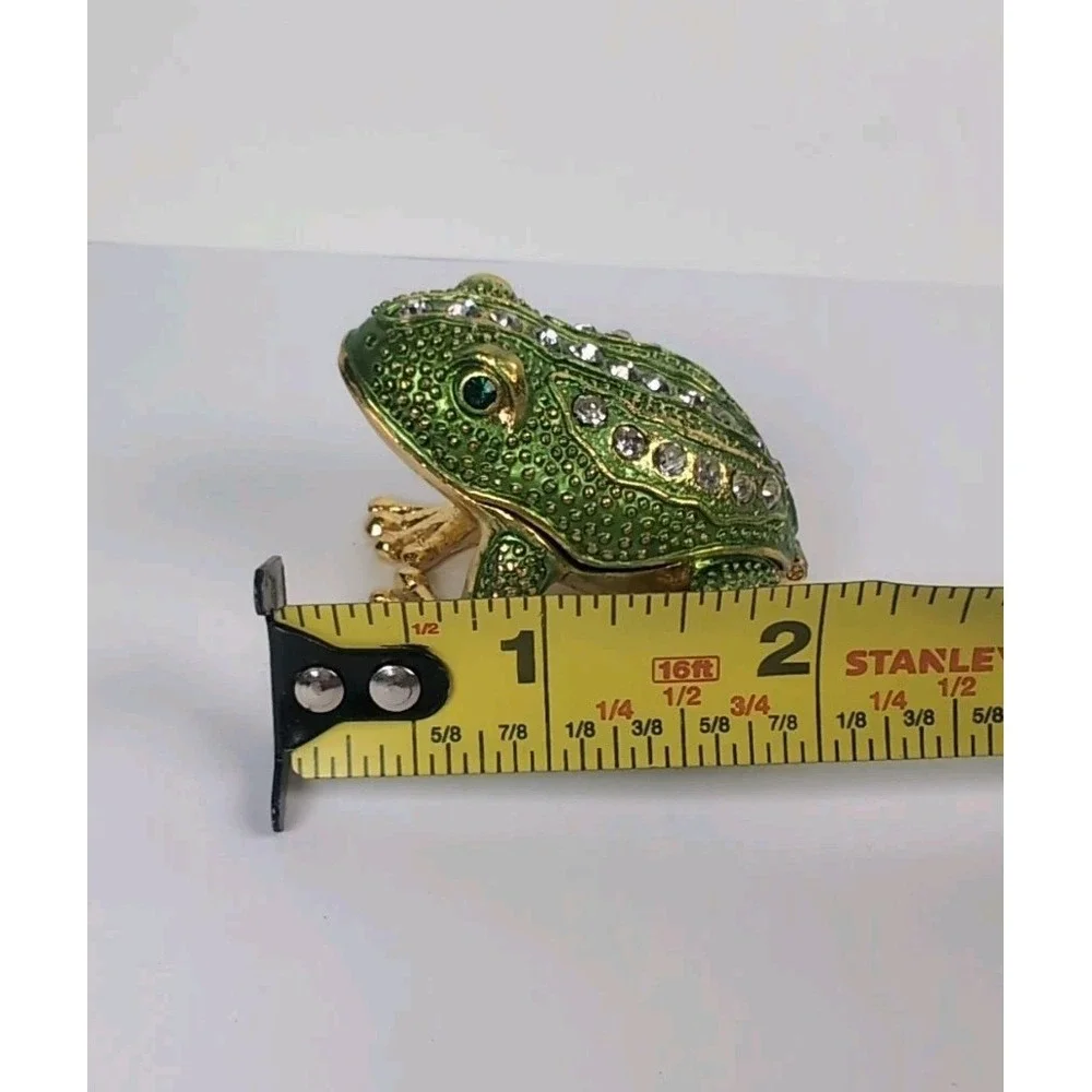 Hinged Keren Kopal Style Gold Tone Frog Trinket Box Rhinestones Green Eyes Vintg